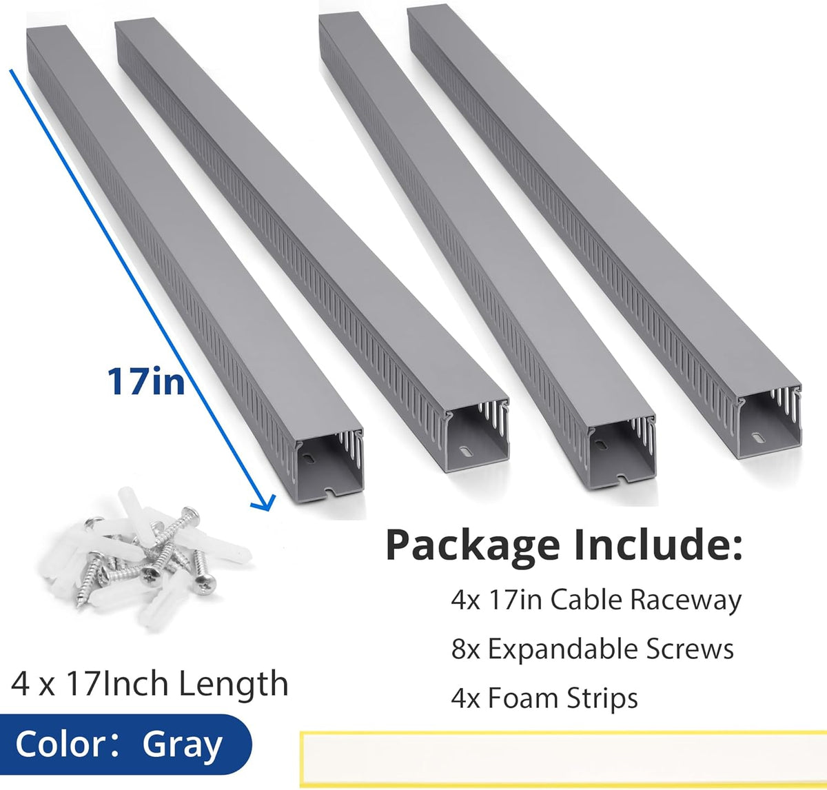 68in (4X L17in) Professional Server Rack Cable Management Raceway, H2.4 x W2in Large Capacity Cable Raceway Kit, Electrically Safe PVC, Open Slot Wire Raceway for Under Desk/Computer/Network Cords