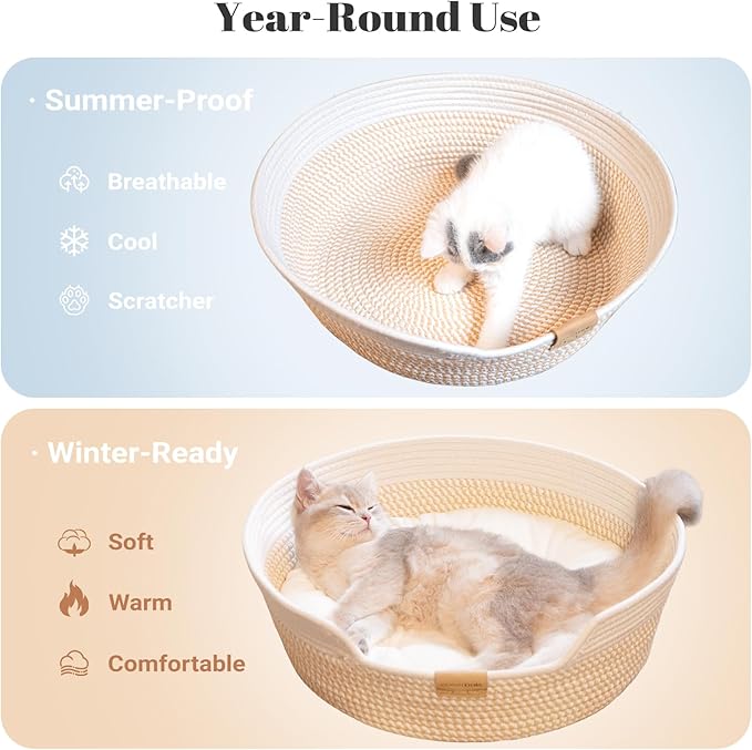 CHEERHOME PETS Cat Bed Basket with Cushion, Cute Pet Bed for Indoor Cats Couch, Kitten Bed for Medium and Large Cat, All Season Universal (White)