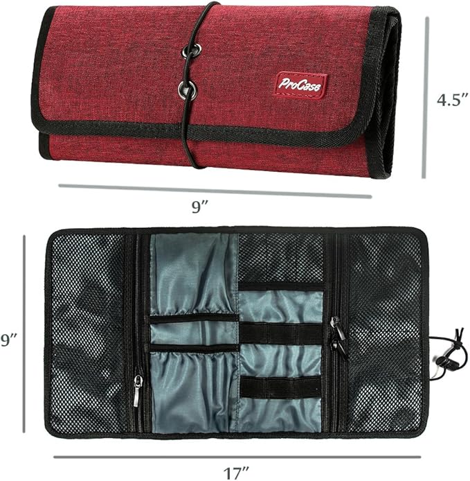 ProCase Electronic Organizer Cord Pouch, Travel Cable Charger Phone Accessories Bag Organizer Roll up Tech Carrying Case for USB Cables SD Memory Cards Earphone Flash Hard Drive -Red