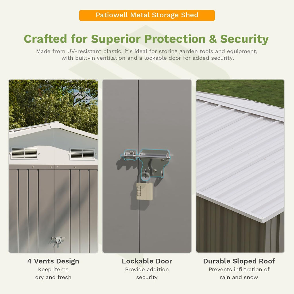 Patiowell 10 x 12 FT Metal Storage Shed for Outdoor with Floor Frame, Steel Yard Shed with Design of Lockable Doors, Utility and Tool Storage for Garden, Backyard, Patio, Outside use, Grey