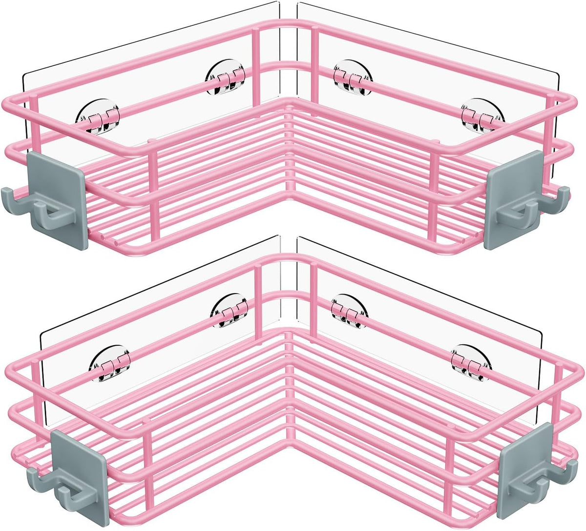 Nieifi Adhesive Corner Shower Caddy Shelf Basket Rack with Hooks, Rust Proof Stainless Steel Bathroom Shelf Shampoo Holder No Drilling (Pink)