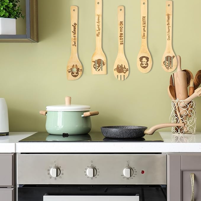 5PCS Sloth Wooden Cooking Spoons Set Bamboo Cooking Spoons | Sloth Kitchen Decor Housewarming Wedding Kitchen Gift Sloths Themed Gifts for Women Animal Lovers