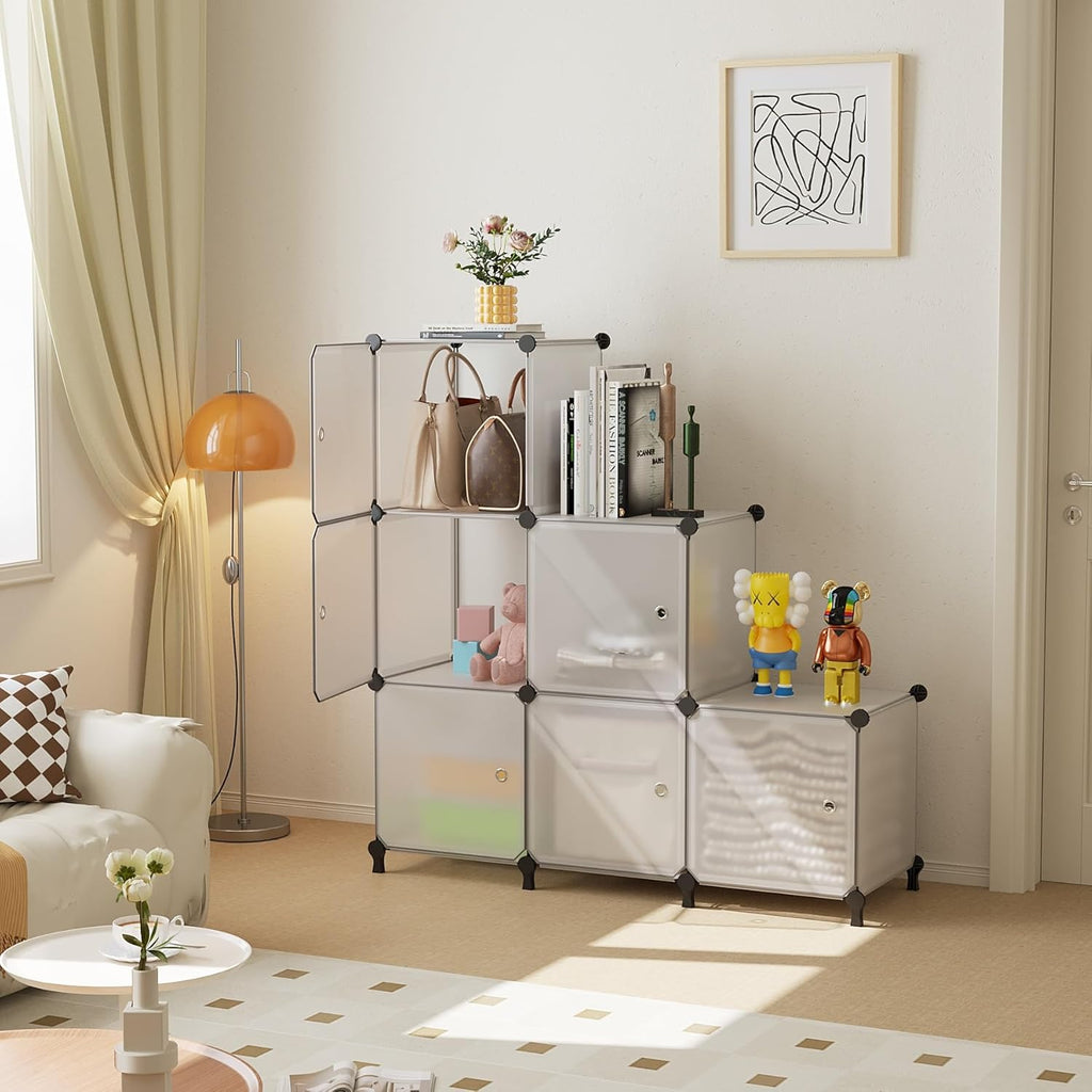 Cube Storage Organizer, 6-Cube Shelves Unit with Doors, DIY Stackable Plastic Clothes Organizer for Bedroom and Under Stairs Storage Unit, 30 x 30 x 30 cm Frosted White ATTSL6003