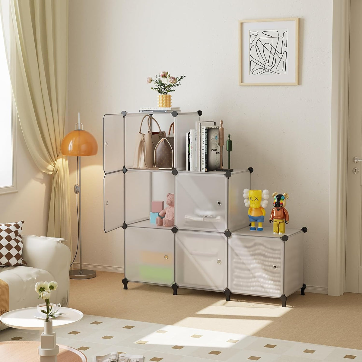 Cube Storage Organizer, 6-Cube Shelves Unit with Doors, DIY Stackable Plastic Clothes Organizer for Bedroom and Under Stairs Storage Unit, 30 x 30 x 30 cm Frosted White ATTSL6003