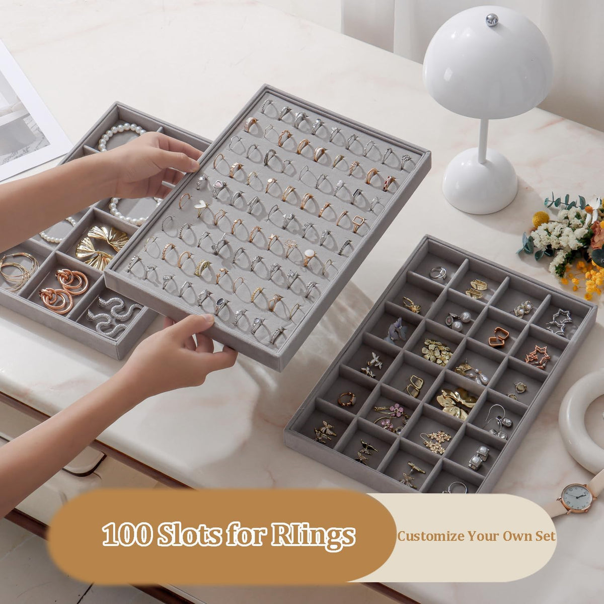 Large Velvet Jewelry Tray 2 Pack Stackable Jewelry Display Drawer Inserts Trays Organizer for Earring Bracelet Necklace Ring (Gray, Ring 81 Slots)
