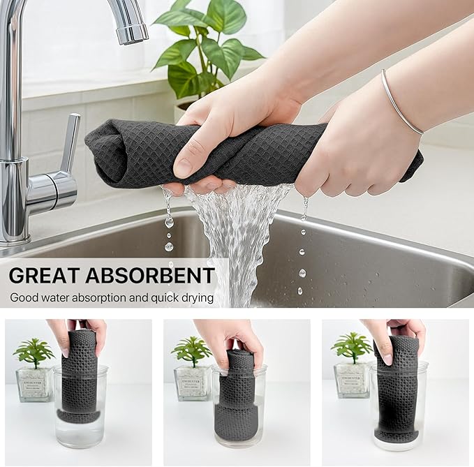 FreeNook 100% Cotton Waffle Weave Kitchen Towels, 4 Pack Dish Cloths for Washing Dishes, Ultra Soft Absorbent Dish Towels, Quick Drying Kitchen Rags, 13x28 Inches, Dark Grey