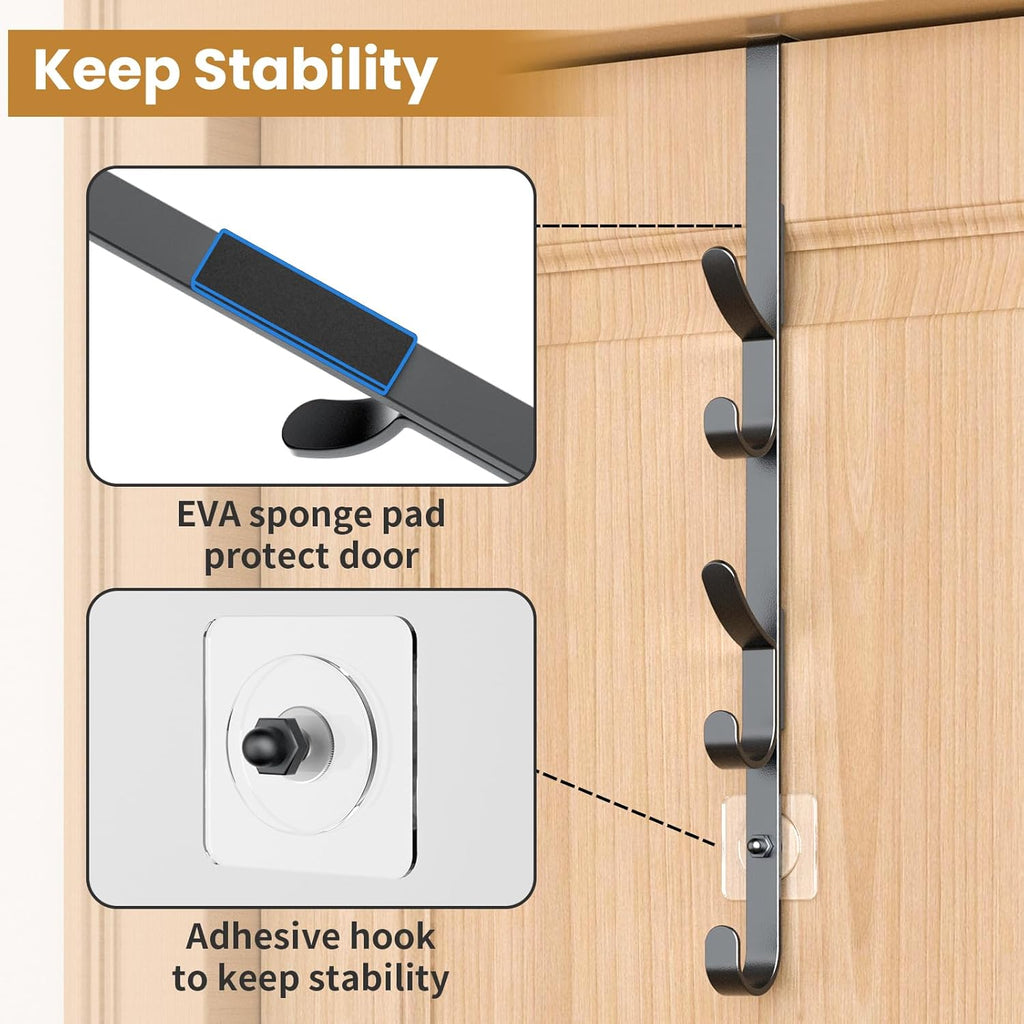 Over The Door Hooks, Metal Door Hooks for Hanging, Over The Door Purse Organizer for Coat Hanger, Back of Shower Door for Hanging Towel Rack Clothes, Hat, Bathroom, Closet (Black-4Packs)