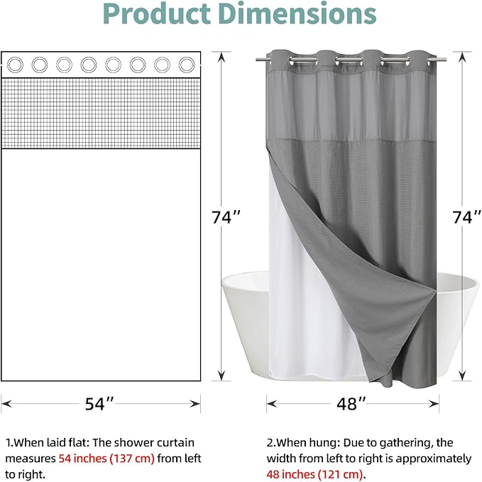 eachope Grey No Hook Waffle Weave Shower Curtain with snap-in Liner Replacement, 230GSM Waterproof Fabric Hotel Shower Curtain Set for Bathroom, Through Mesh Top Window,54Wx74H
