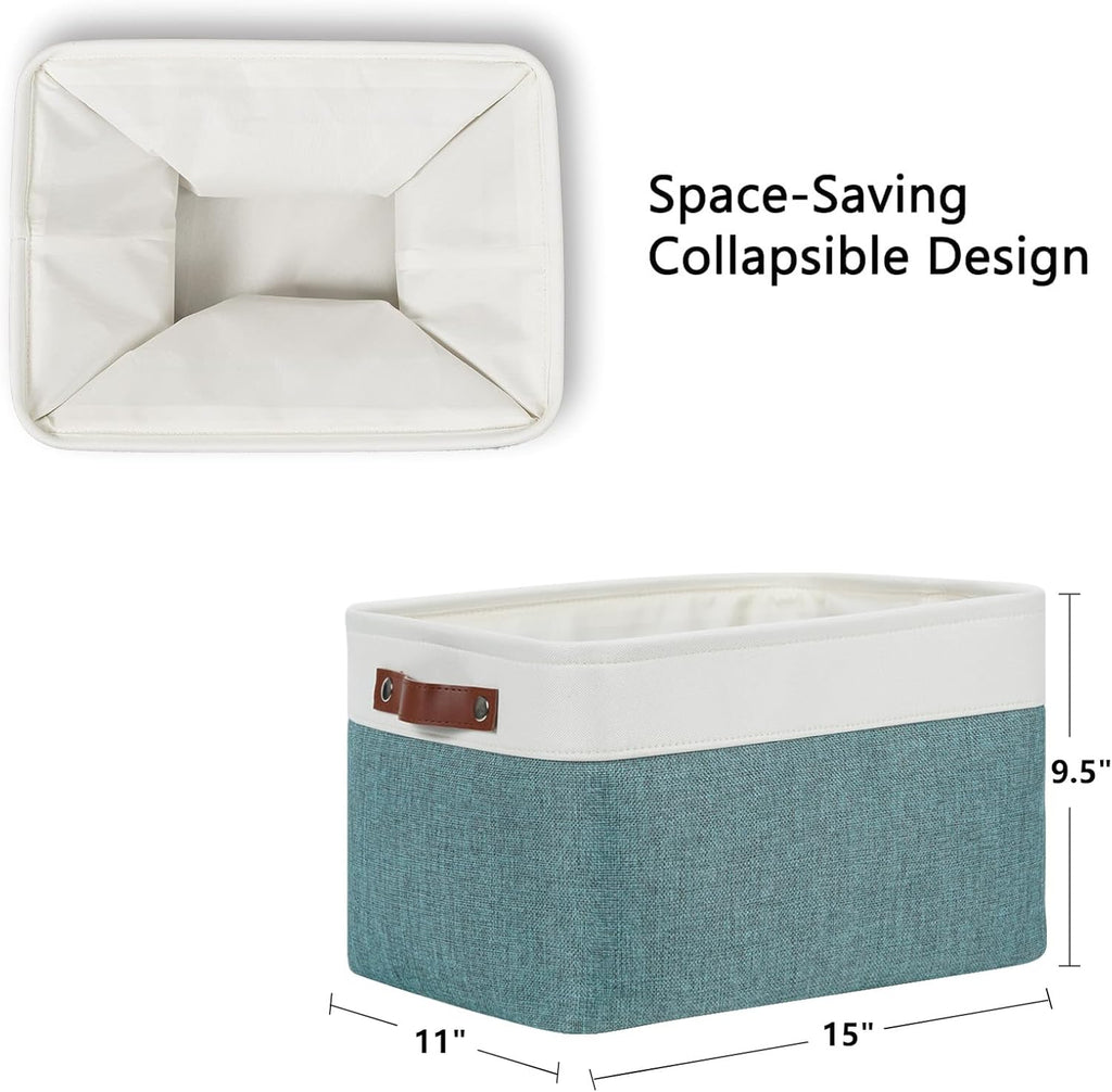 DULLEMELO Storage Baskets for Organizing,Rectangular Fabric Storage Bins with Handles for Office,Bedroom(3-Pack -15 inch X 11 inch X 9.5 inch, White&Dark Green)