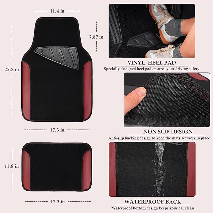 CAR PASS Faux Leather Steering Wheel Cover and Waterproof Car Floor Mats, Universal Car Combo Fit for 95% Sedan,SUV,Cars, 14.5-15inch Sporty Anti-Slip Safety Comfortable Design Burgundy