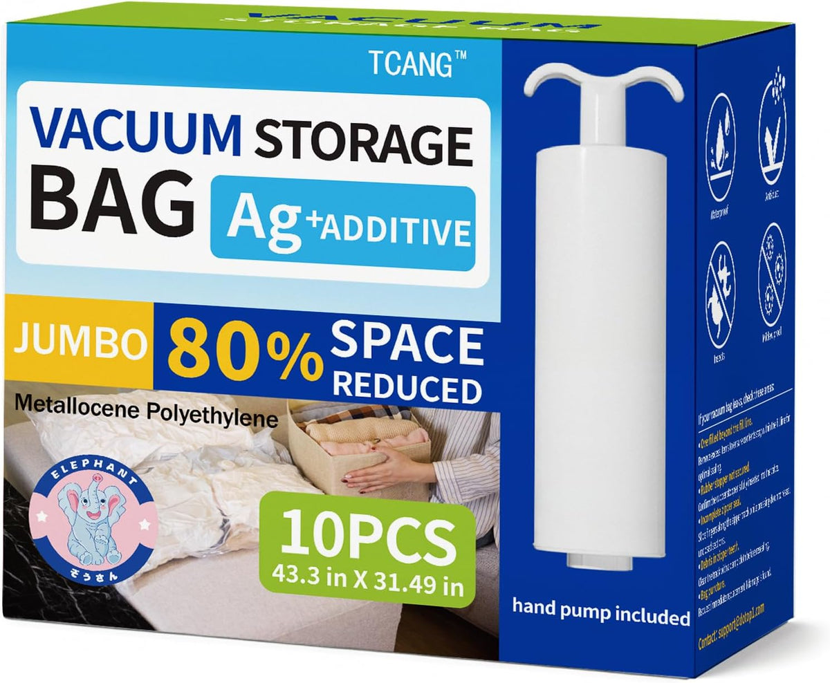 10 Pack Jumbo Vacuum Storage Bags with Hand Pump, Sturdy Leak-Free Vacuum Seal Bags, 80% Space Saver Vacuum Seal Bags for Clothing, Pillows, Bedding, Blankets, Comforters, Travel Luggage - Jumbo