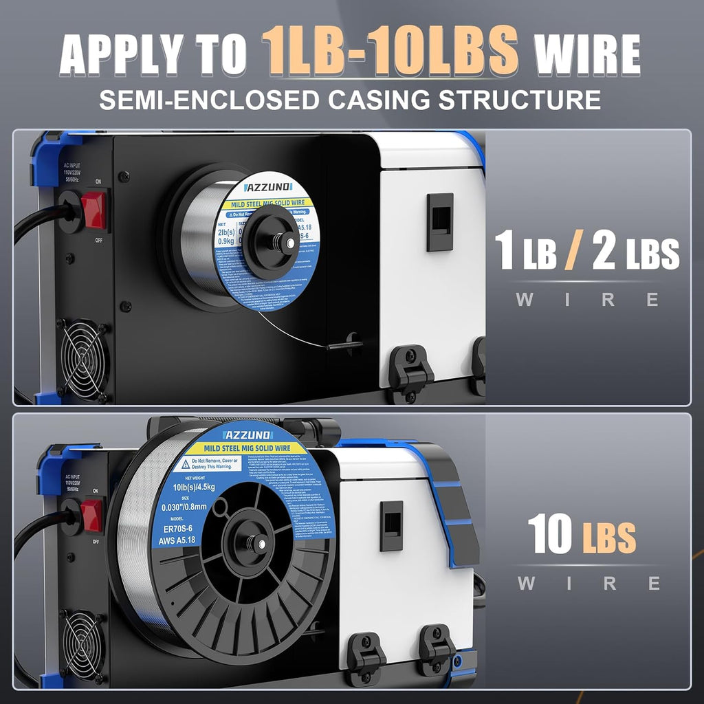 AZZUNO Aluminum MIG Welder 175Amp, 110V/220V Dual Vlotage 5 in 1 Gas MAG/Aluminum MIG/Gasless Flux Core Welder/Stick/Lift TIG Welding Machine, Wire Feed Welder Machine with Semi-enclosed Structure
