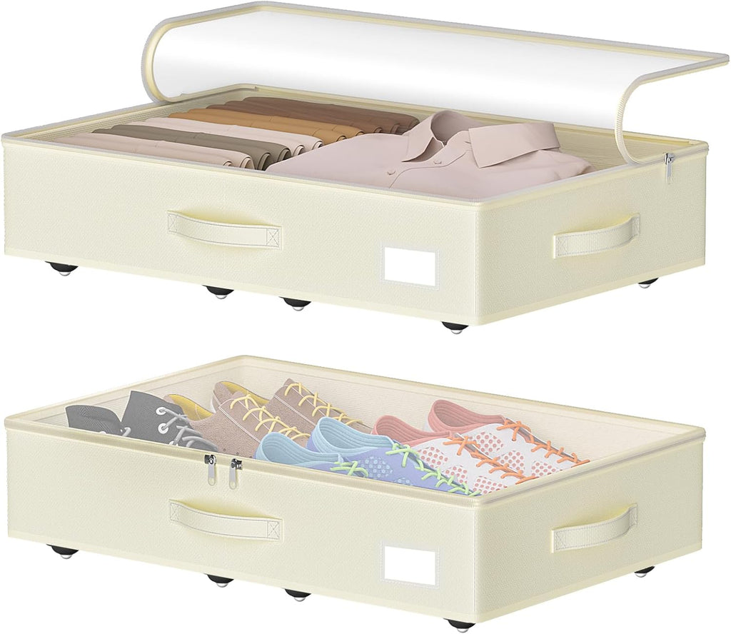 Under Bed Storage with Wheels, No Assemble Required 5.5 inches height beige under bed storage bins,Low Profile Rolling Under bed Shoe Storage containers，dorm under bed storage drawers
