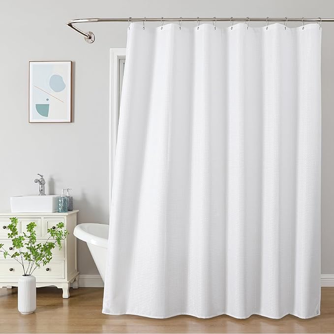 THAIGEE 2-in-1 Waterproof Fabric Shower Curtain - No Separate Liner Needed, Hotel-Style Waffle Weave, Effortless Cleaning & Washable Bathroom Shower Curtain Set,72Wx78H,White