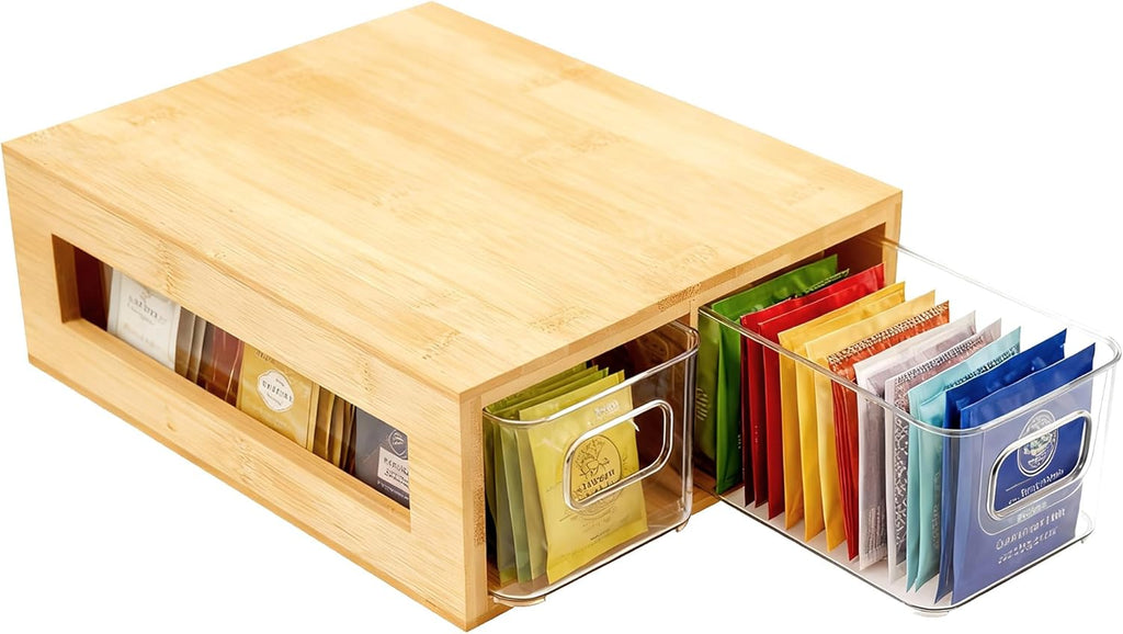 Tea Bag Organizer, Bamboo and Acrylic Drawer Tea Bag Holder Wood Tea Bag Storage for Drawers with 2 Roomy Compartments for Kitchen Living Room