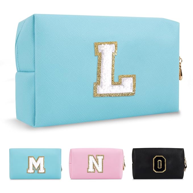 Small Personalized Initial A-Z Preppy Patch Makeup Bag,PU Chenille Letter Travel Cosmetic Pouch with Zipper,Blue Cute Toiletry Bag,Gift Ideal for Teen Girls Women Teacher Bridesmaid,Letter L