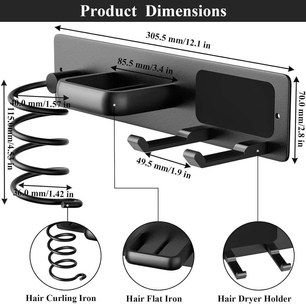 Tindbea Hair Dryer Holder Curling Iron Holder Flat Iron, Blow Dryer Holder Wall Mount, 3 in 1 Bathroom Hair Tool Organizer Rack for Universal Dryer, Matte Black