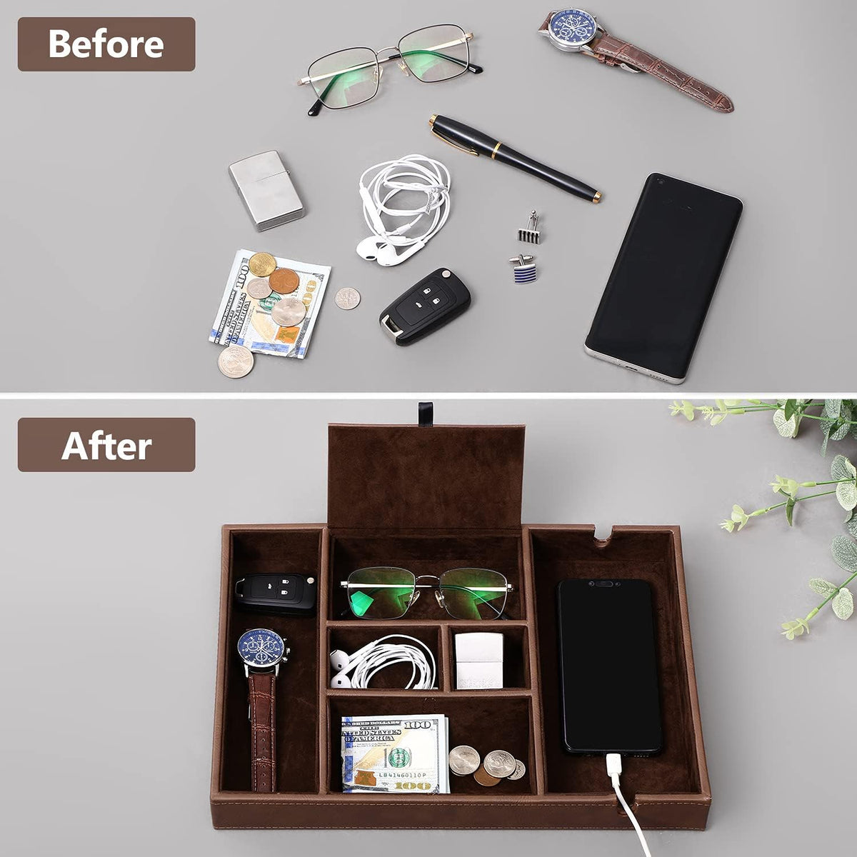BEWISHOME Valet Tray for Men Dresser Organizer Nightstand Organizer Desktop Storage Organizer with Large Smartphone Charging Station, 6 Compartments, Faux Leather, Brown SSH16Z