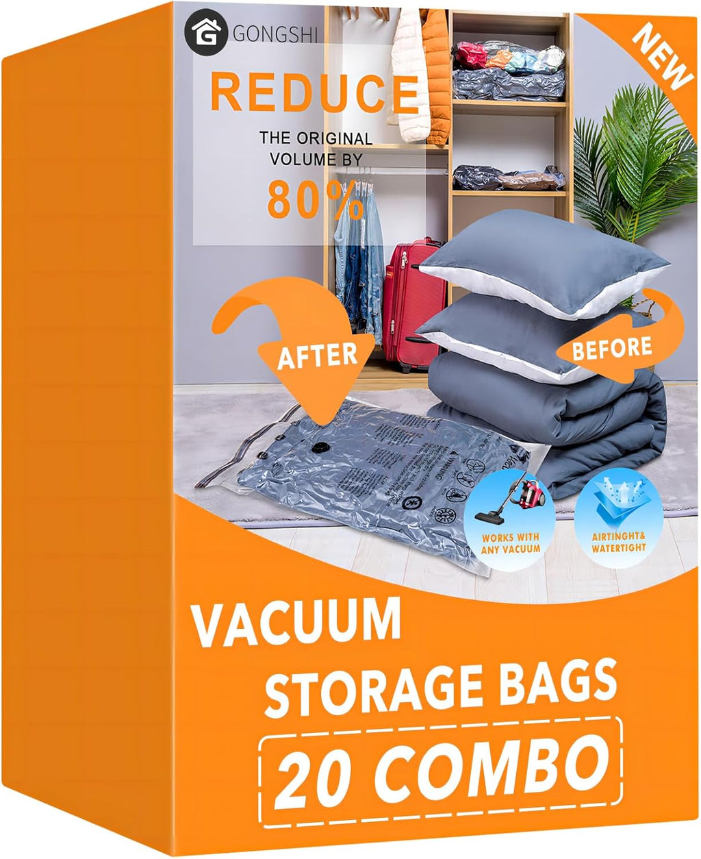 20 Pack Vacuum Storage Bags (4 Jumbo, 4 Large, 4 Medium, 4 Small, 4 Roll Up), Space Saver Sealer Compression Bags for Blankets, Comforters, Pillows, Clothes Storage