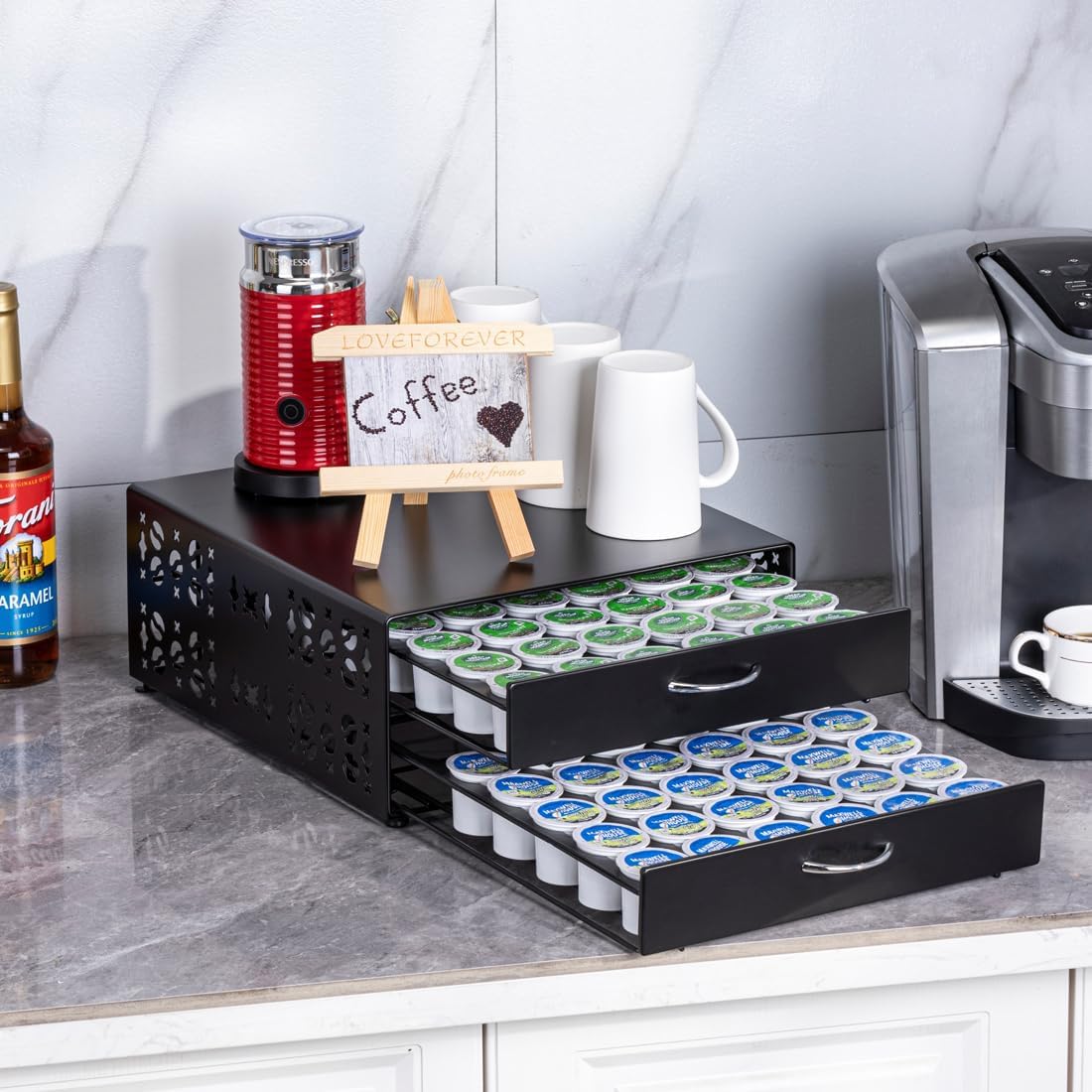 FlagShip K Cup Organizer Drawer 2 Tier Coffee Pod Holder for Keurig Pod Holder Save Space Countertop Kitchen (84 Pods Capacity)