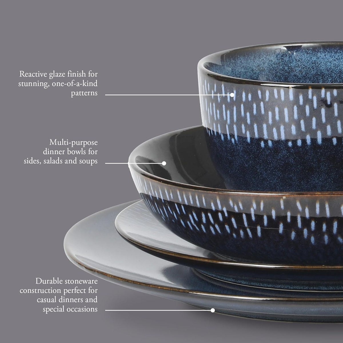 Gibson Elite Matisse 16 Piece Double Bowl Dinnerware Set, Cobalt Blue, Service for 4 (16pcs)