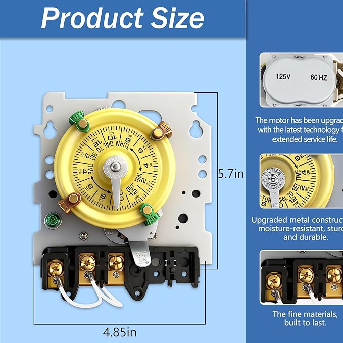 T101M Pool Timer Mechanism Only, Pool Pump Timer, 120V 2HP SPST 40A Time Switch