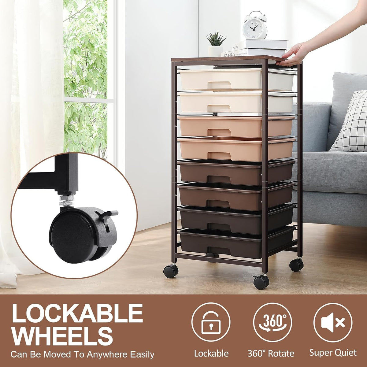 Rolling Storage Cart with Drawers, Rolling Drawer Cart and Wooden Tabletop,Storage Drawer Cart for Living Room,Classroom,Bedroom,Bathroom,Dorm,Office,Brown Gradient