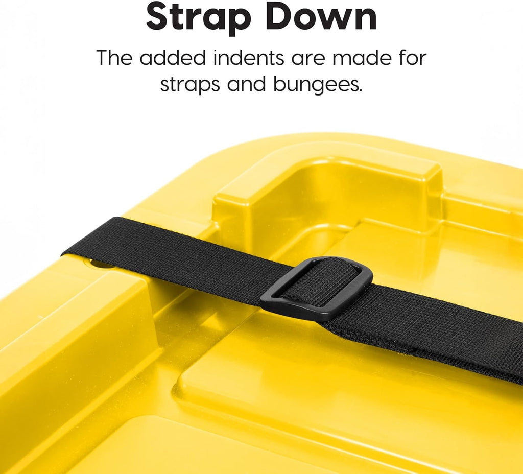 IRIS USA 27 Gallon Heavy Duty Truck Bed Toolbox Storage Tote Bins with Lids, 4 Pack - Made in USA, Tough Snap On Lockable Lid Stackable Industrial Tubs, Garage Organization Reusable Box - Black/Yellow