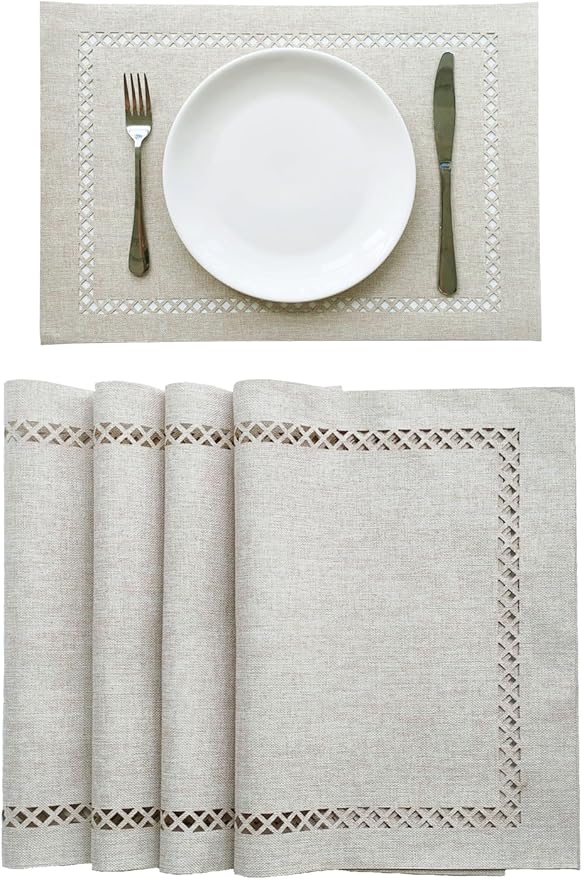 Placemats Set of 4, Set of 6 for Dining Table, Placemats with Hollow Edge Table Cloth Set, Table Mats for Dining Table 12"x18" Off-White