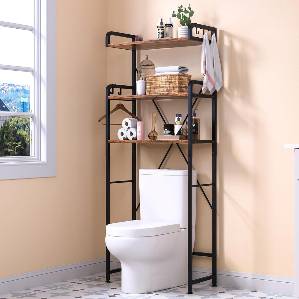 Over The Toilet Storage Rack with 3-Tier Bathroom Shelves, Space Saver Toilet Shelf, Bathroom Storage Organizer with Hooks for Over Toilet Storage and Shelf (Rustic Brown)
