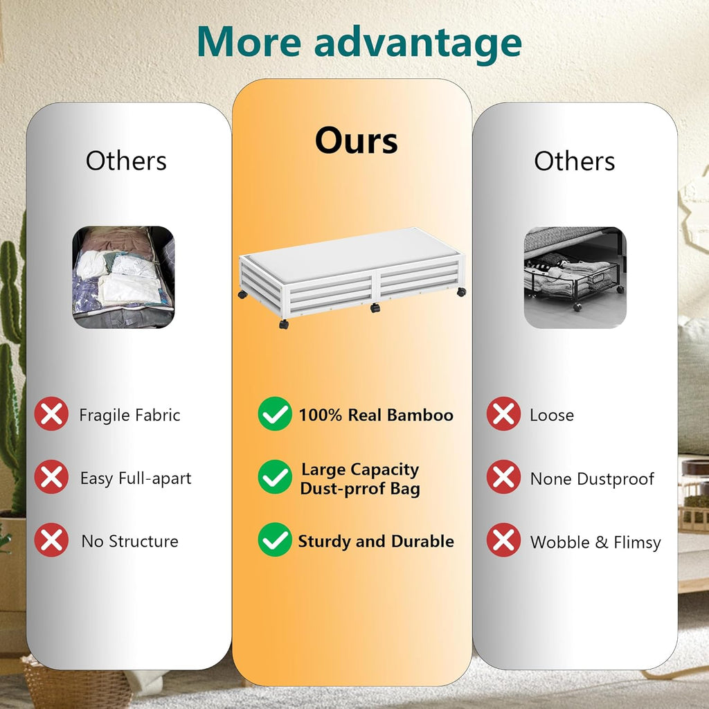 Wisuce Bamboo Under Bed Storage Containers- Underbed Organizer with Wheels with Large Dust Bag,Sturdy Wood Rolling Under the Bed Shoe Storage Organizer Drawer 2 Packs (White, Long)