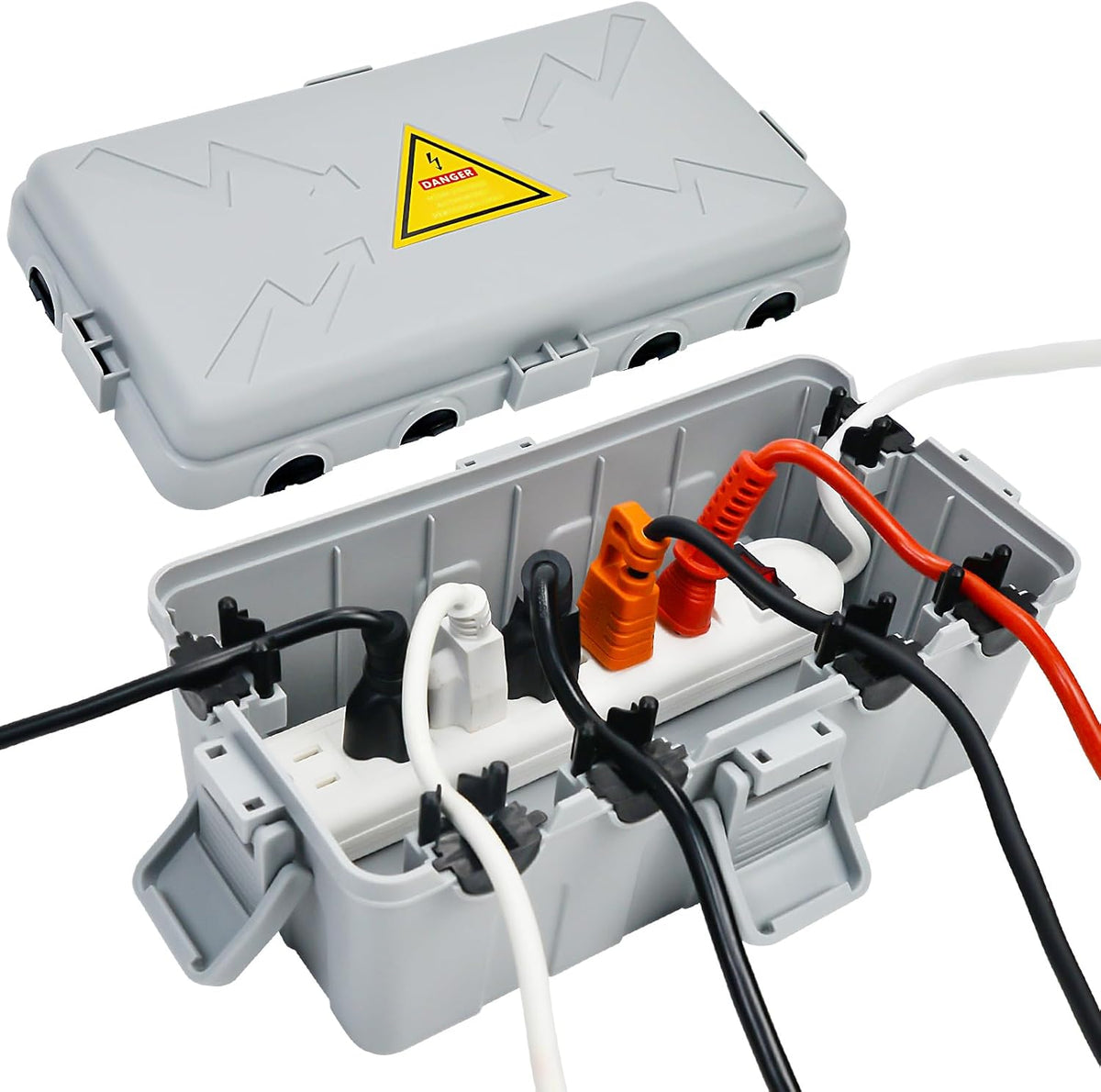 Hrensaw Medium Outdoor Electrical Box(10.6x5.5x4.5inch),Weatherproof Connection Box w/6 Cable Entry,IP54 Waterproof Extension Cord Cover Protect Power Strip,Timer,Plug,Holiday Lights,Grey