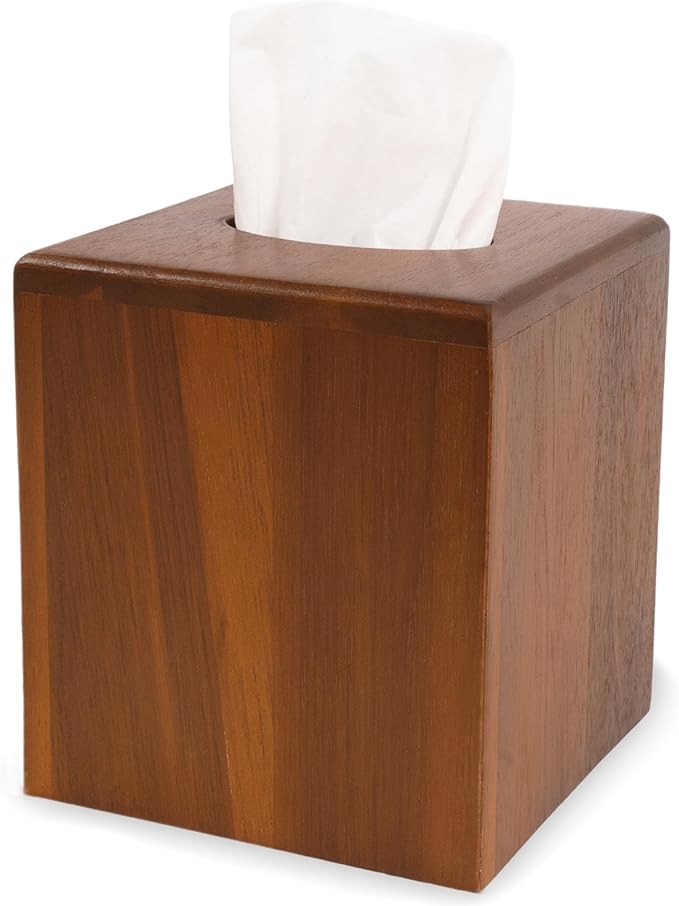 KOLWOVEN Acacia Wood Square Tissue Box Holder - Farmhouse Style, Brown