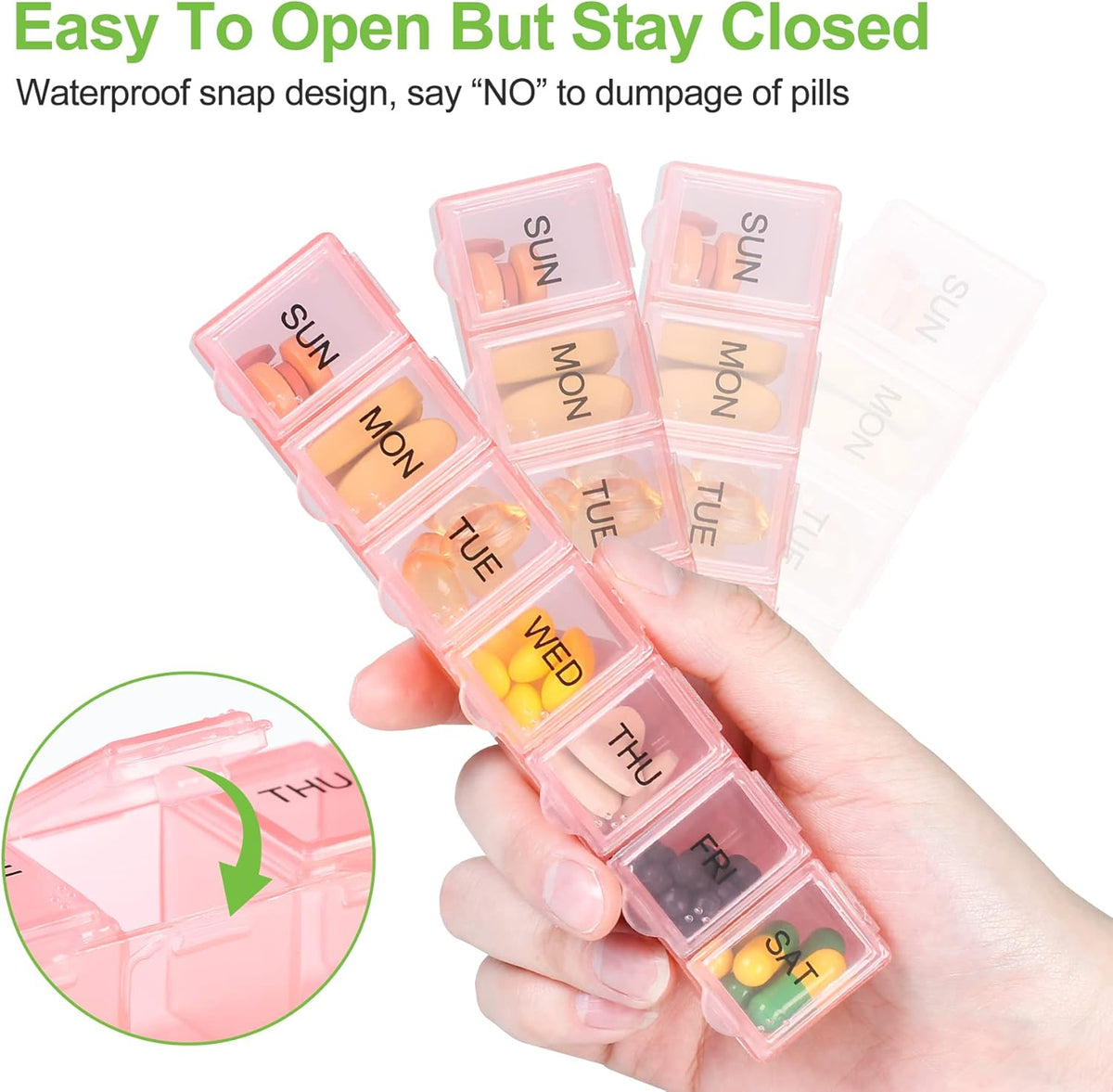 4 Pack Weekly Pill Organizer, 7 Days Pill Case Travel Daily Pill Box Portable Medicine Organizer and Planner with Compartment for Vitamins, Fish Oil, Supplements and Medication (4 Colors)