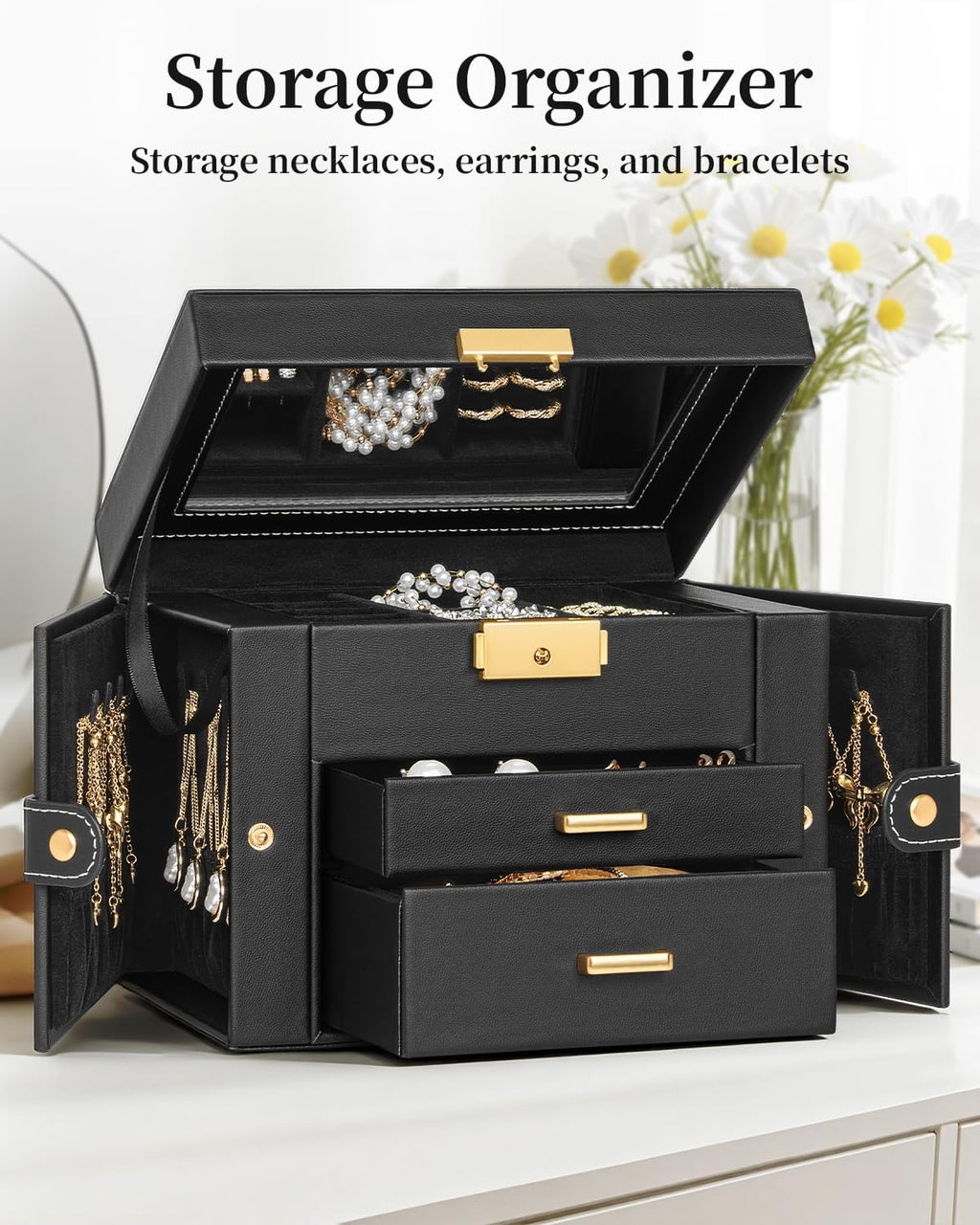 TORIBIO Jewelry Box for Women, Leather Jewelry Organizer with Mirror & Lock, 3-Tier Jewelry Storage Organizer with 2 Drawers for Girls/Women/Mothers, Necklace Earring Bracelets Holder Organizer