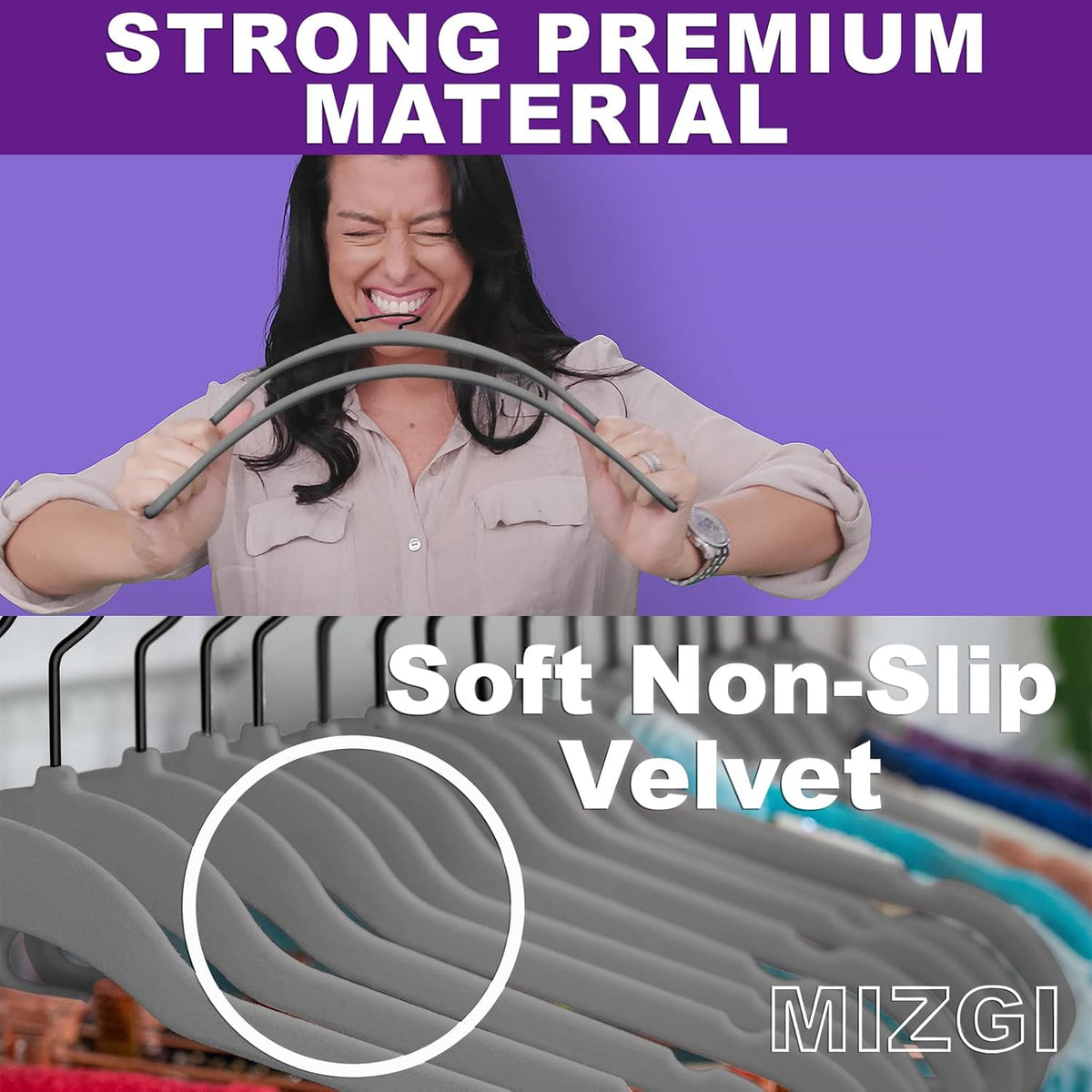 MIZGI Premium Velvet Hangers (50 Pack) Heavy Duty - Non Slip Felt Hangers - Velvet Suit Hanger Gray - Black Coated Hooks,Space Saving Clothes Hanger