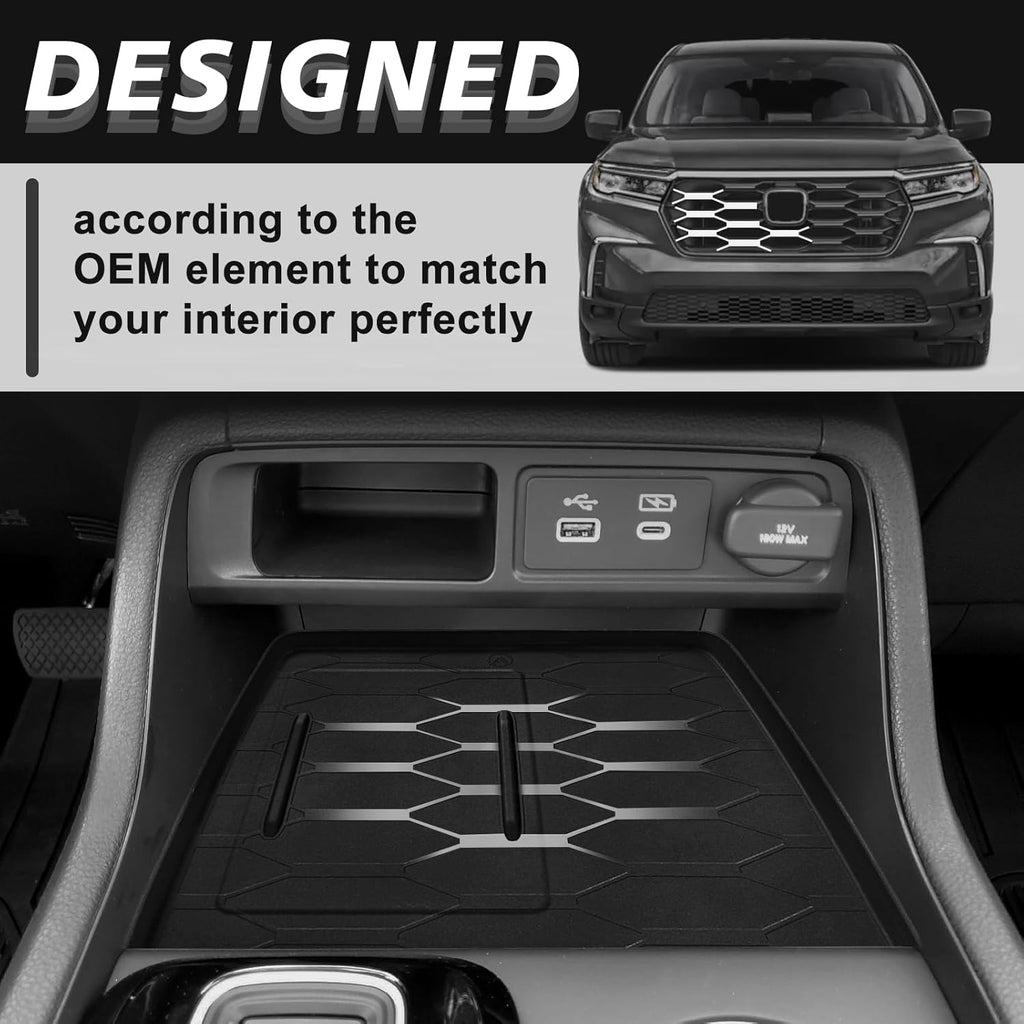 Muslogy Center Console Organizer & Wireless Charger Protective Mat Compatible with Honda Pilot 2023-2025/2024-2026 Passport Accessories Phone Charge Area Cover Console Inserts Mats Anti Slip 2PCS Set