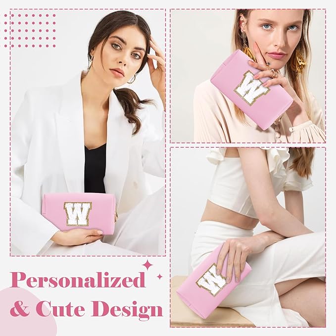 Personalized Initial A-Z Preppy Patch Makeup Bag,Small PU Chenille Letter Cosmetic Bag with Zipper for Teen Girls,Pink Cute Toiletry Organizer Bag,Monogram Makeup Case Gift for Women Girls,Letter W