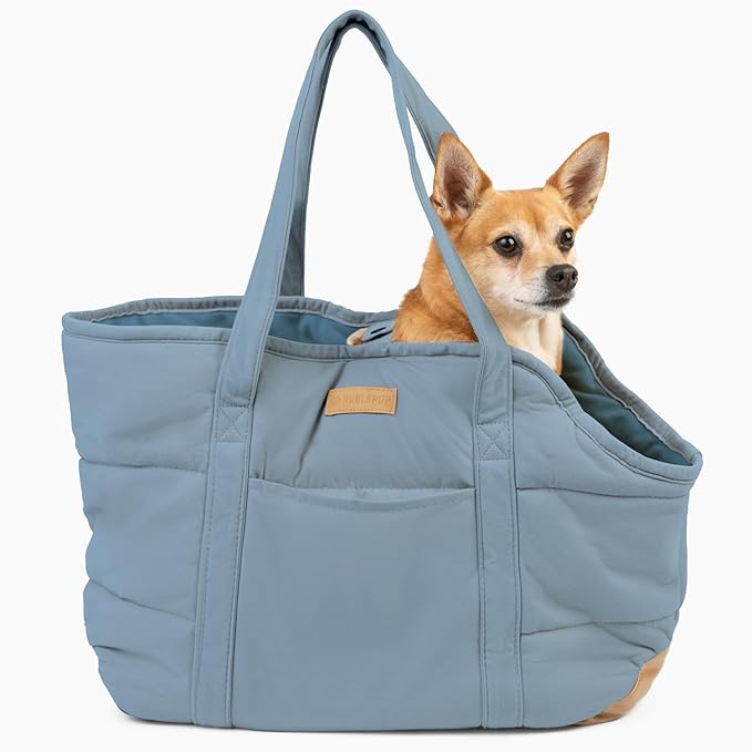 NoblePup Plush Dog Purse Carrier for Small Dogs, Soft Dog Tote Bag with Safety Harness Clip, Cozy Pet Carrier for Dogs Under 15 lbs, Comfortable Dog Shoulder Carrier for Travel, Light Blue