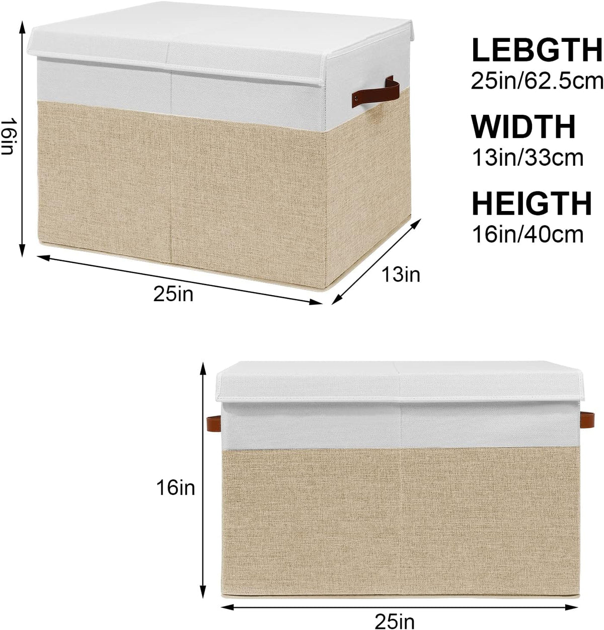 Large Toy Storage Box with Lid, Sturdy Toys Storage Chest Bin Organizer Basket with Dividers for Kids, Boys, Girls, Nursery, Closet, Bedroom, Playroom 25"x13" x16" (Beige and White)
