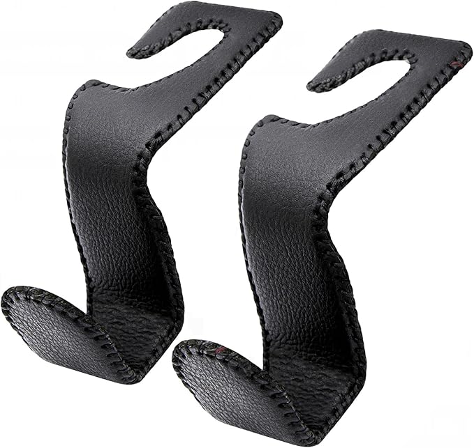 Headrest Hooks for Purses and Bags, 2 Pack Car Seat Hooks for Grocery Bag Handbag, Metal Car Purse Holder Covered by Leather, Black