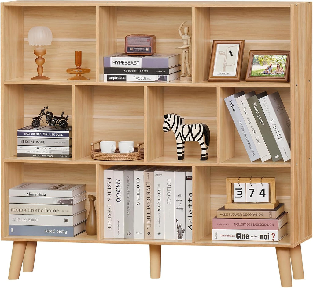 LEYAOYAO 10 Cube Bookshelf,3 Tier Modern Wide Bookcase with Legs,Mid-Century Wood Bookshelves Storage,Natural Large Book Case,Freestanding Organizer Display Shelf for Bedroom,Living Room,Office