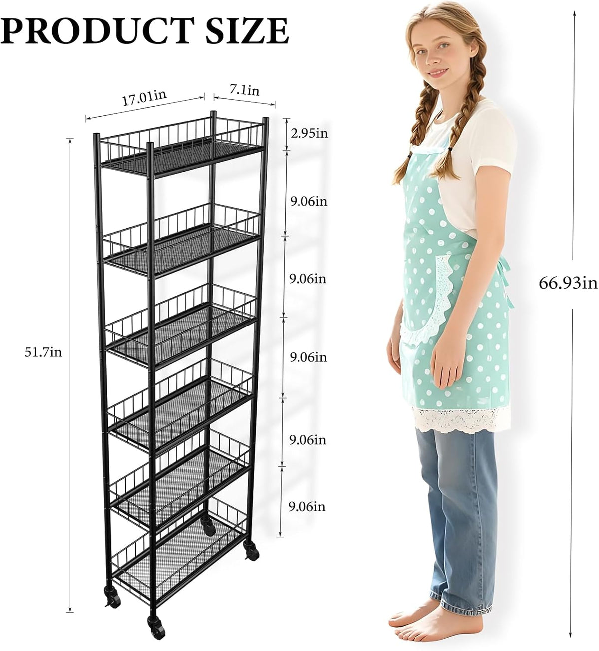 Utility Slim Storage Cart,6 Tier Narrow Kitchen Storage Cart,Laundry Room Carts,for Kitchen,DiningRoom,Living Room,Home Office,Rustic Brown and Classic (6 Tier Black)