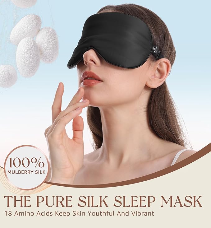 HiRui Silk Sleep Mask, 100% Natural Mulberry Silk of Double-Sided & Inner-Filling, Ultra-Smooth Soft, Adjustable Strap, Blocks Light for Night Sleeping, Travel, Office Naps (Black)