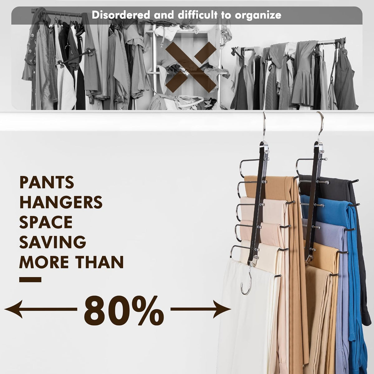 HOUSE DAY Pants Hangers Space Saving, Wood Jean Hangers for Closet, Non Slip Multi Functional Pants Rack Hanger Multiuse Pant Organizer for Closet Space Saving Hangers for Pants (4PACK, Black)