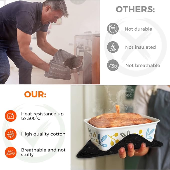 4PCS Oven Mitts and Pot Holders Sets 500°F Pot Holders for Kitchen Heat Resistant Oven Gloves Anti-Slip Silicone Stripe Oven Mitts Heat Resistant Hot Pads Oven Mits Potholders for Kitchens (Black)