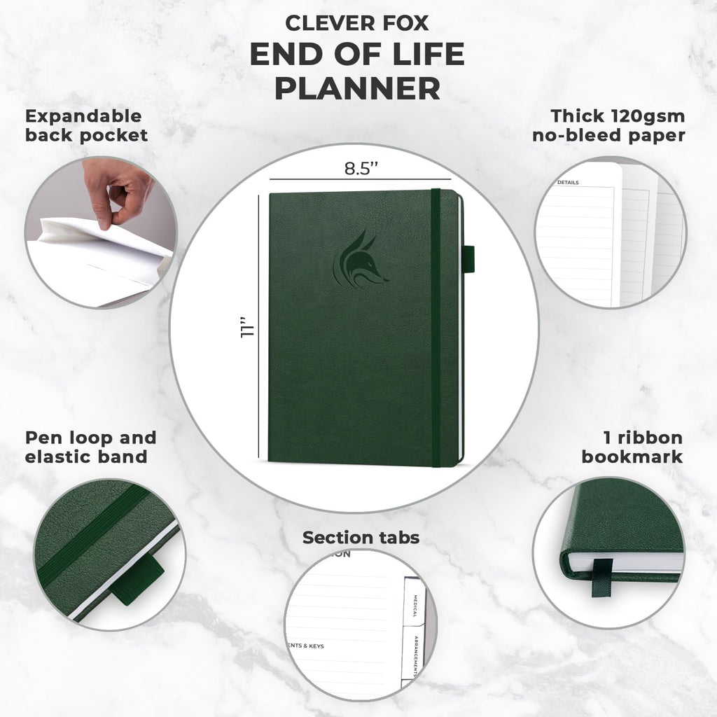 Clever Fox Large End of Life Planner – Guided Final Arrangements Organizer Notebook for Instructions, Beneficiary Info, Will Preparation, Last Wishes & Funeral Planning – 8.5" x 11" (Dark Green)