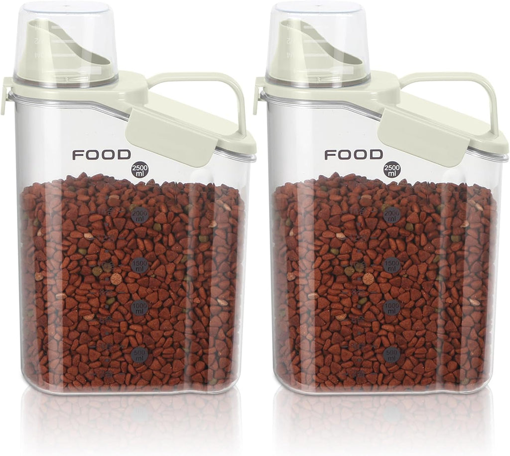 3-5 LBS Dog Food Storage Container Upgraded Large Nozzle BPA-free, Plastic Pet Food Storage Containers, With 4 Sealed Clasps, 1 Measuring Cup and Handle (2,Beige, 3L)