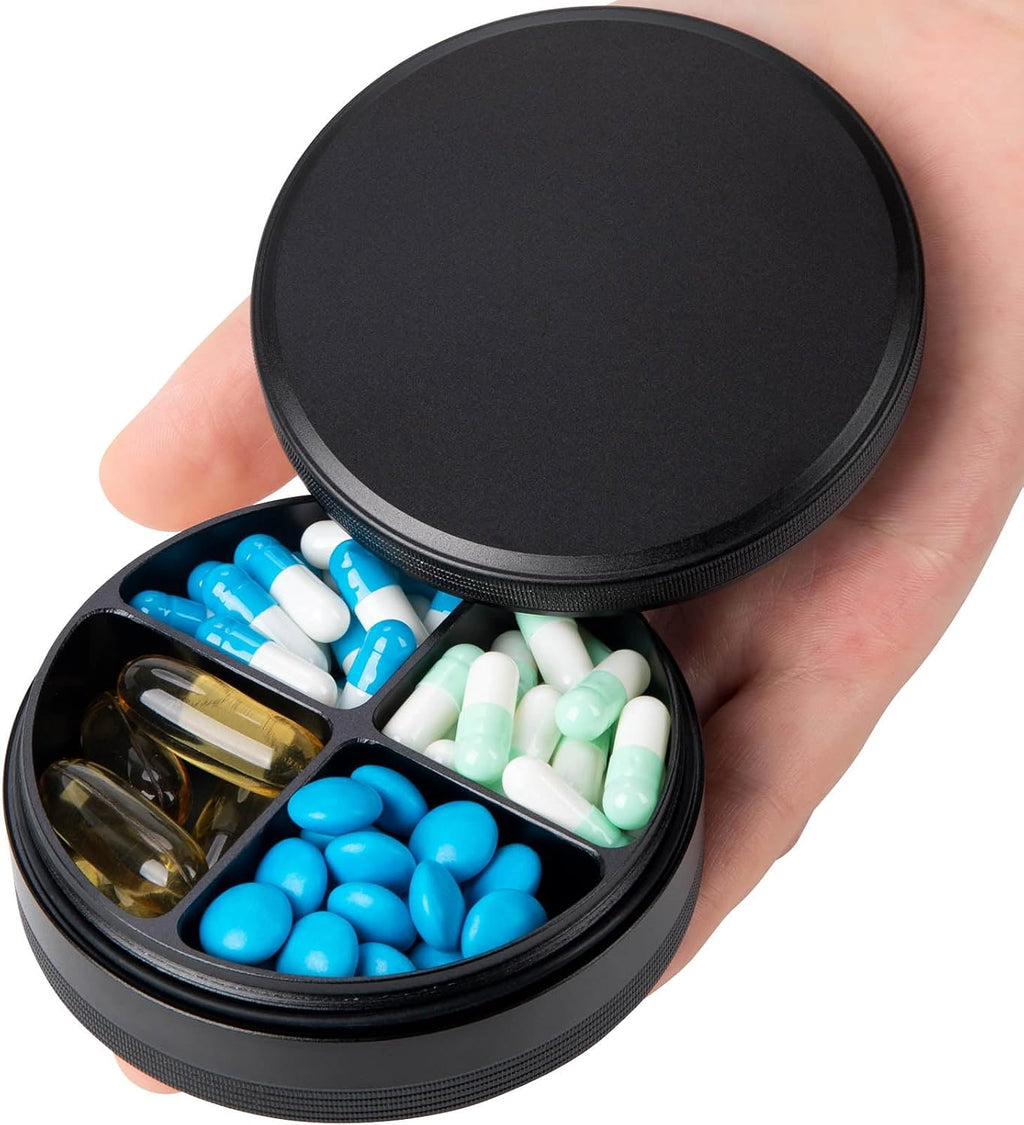 Daily Pill Organizer 4 Compartments - Metal Small Pill Case Waterproof, Travel Pill Box for Purse, Compact Medicine Container Pill Dispensers Holder for Vitamin, Fish Oil, Supplement (Black)