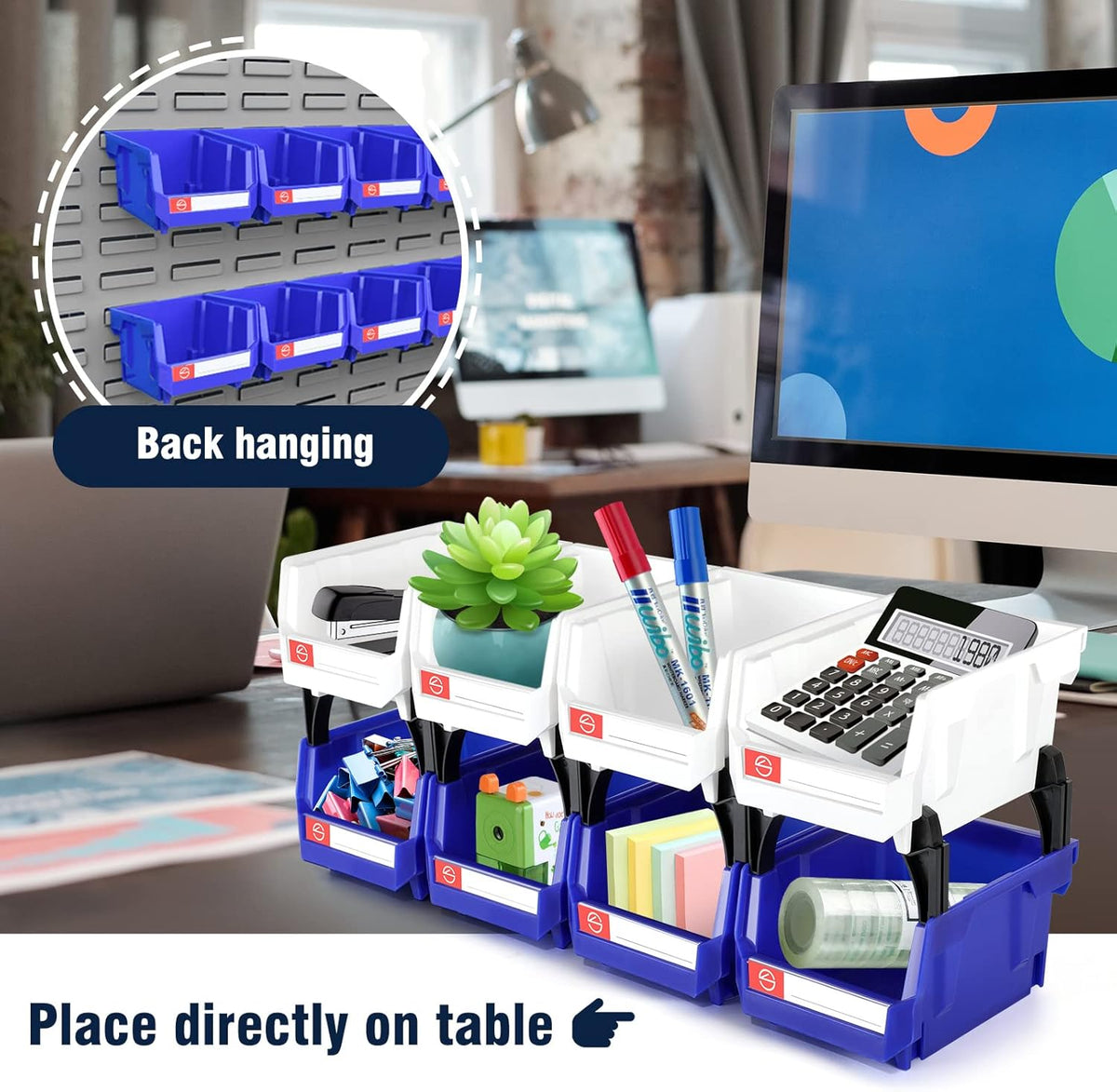Pe&Hui Storage Organizer Bins,Wall Mount Storage Parts Rack,Stackable Shop Tool Bins for store Screws,Small Parts,Office Supplies and other Accessories Blue (6Pack)